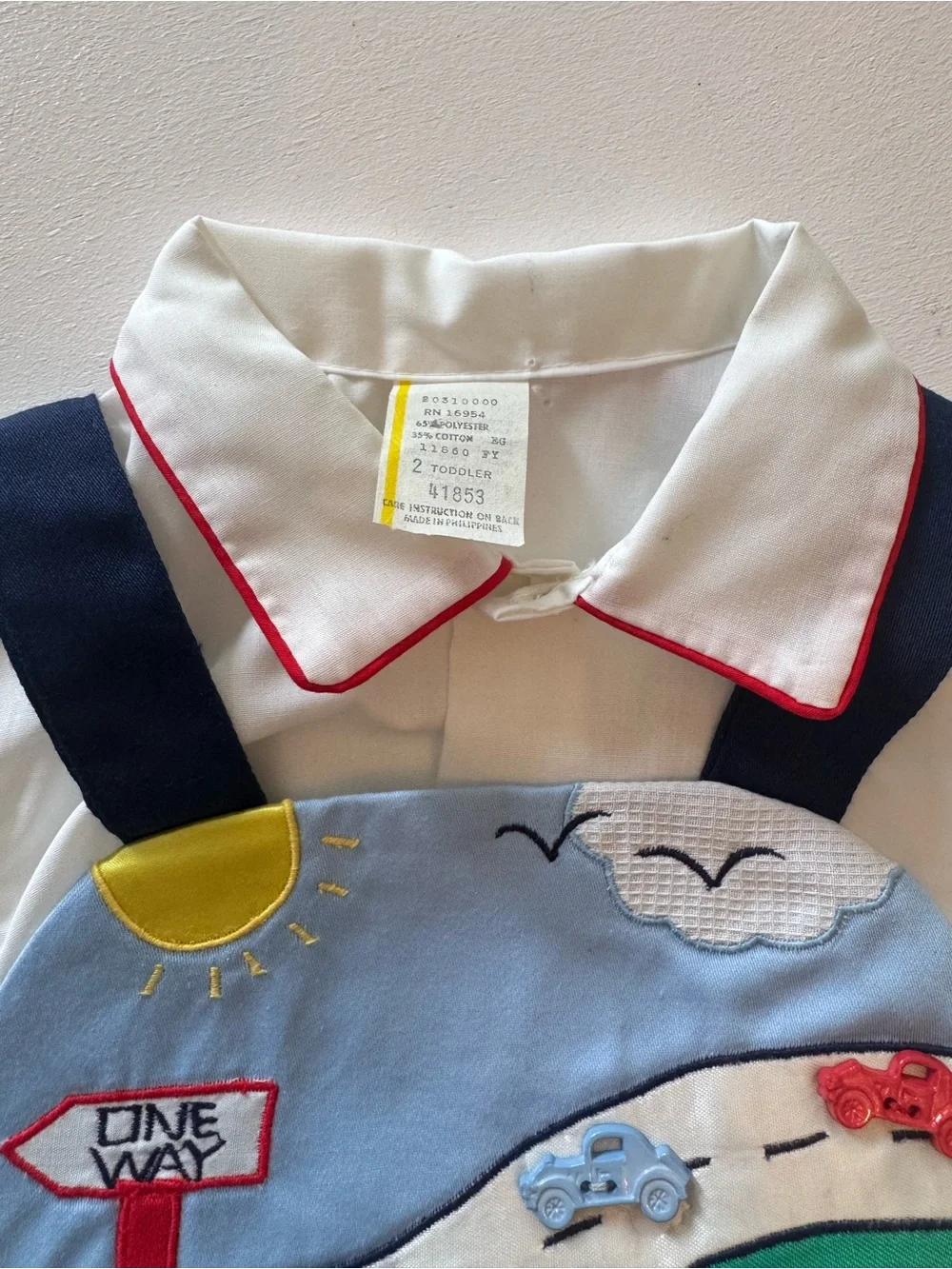 Vintage Boys Romper with Road & Car Appliqué — Navy, Red, Green, White